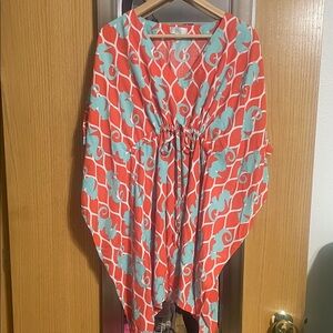 Escapada Orange Turquoise Patterned Kaftan Top Size L/XL Drawstring under bust